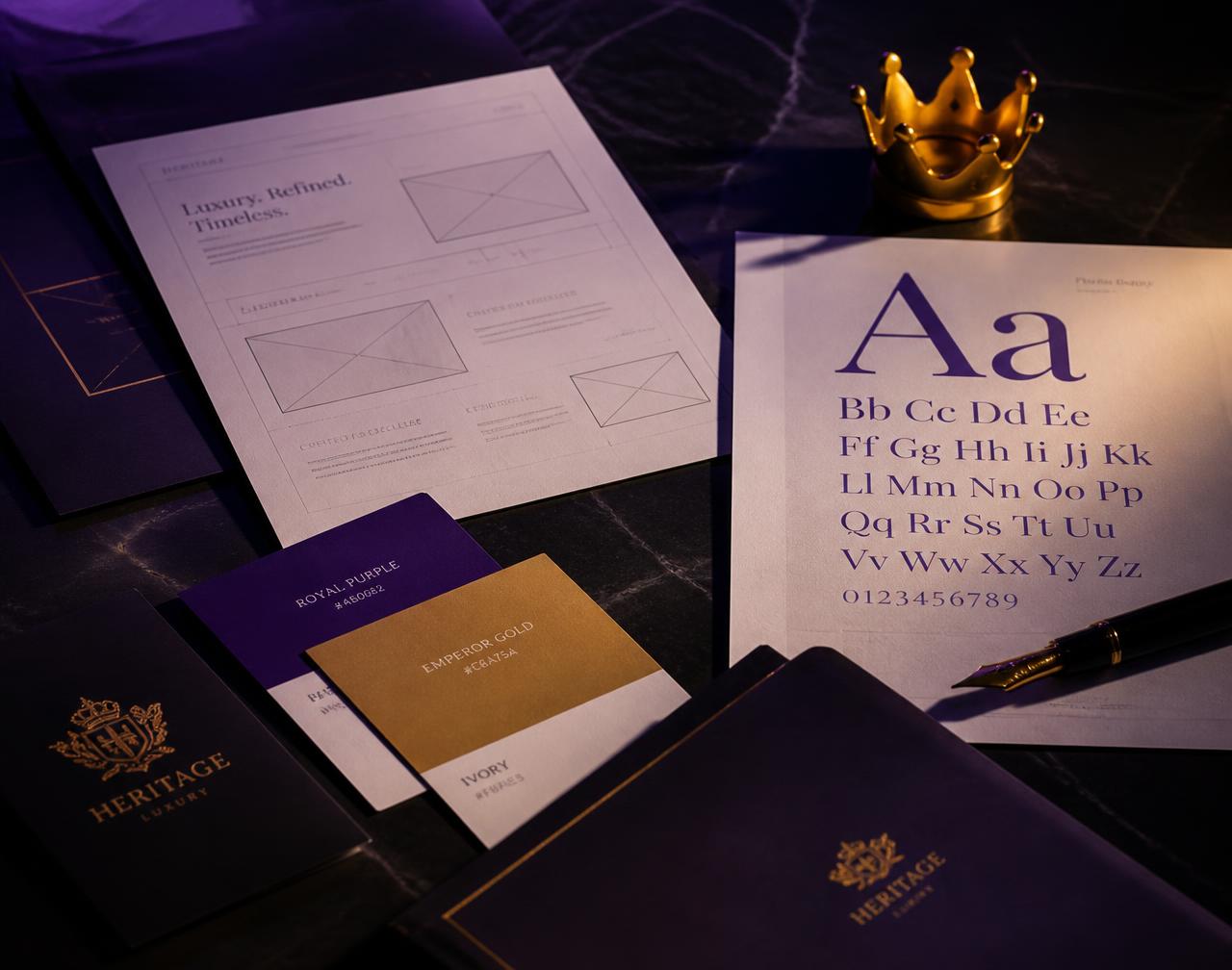 The Customz Digital craft — website wireframes, serif typography specimens and royal purple and gold color swatches on a dark desk