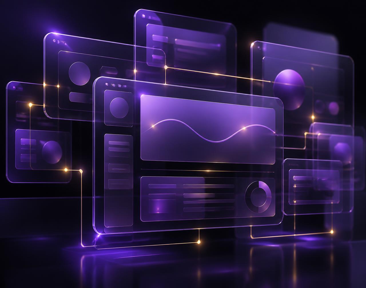 Dimensional render of layered glass website interfaces glowing royal purple with gold connections