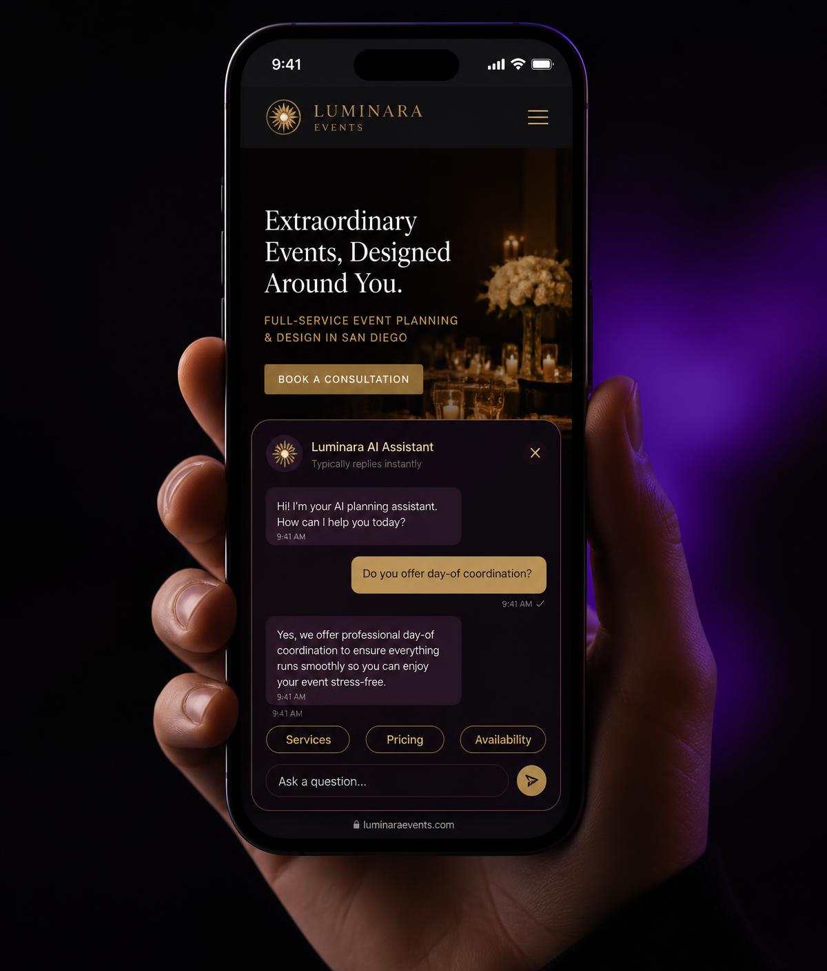 AI chat assistant demo concept shown on a phone over a local business website, designed by Customz Digital