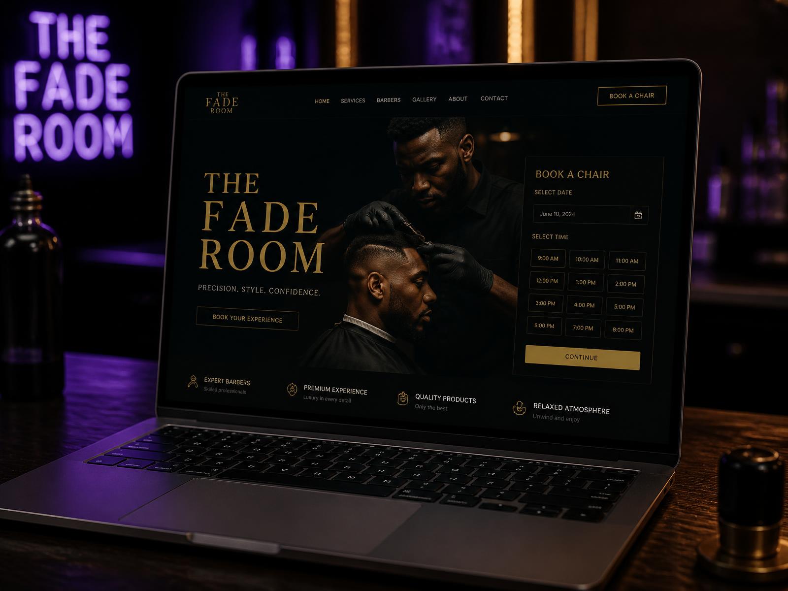 The Fade Room — barbershop website demo concept with live chair booking on a laptop, designed by Customz Digital