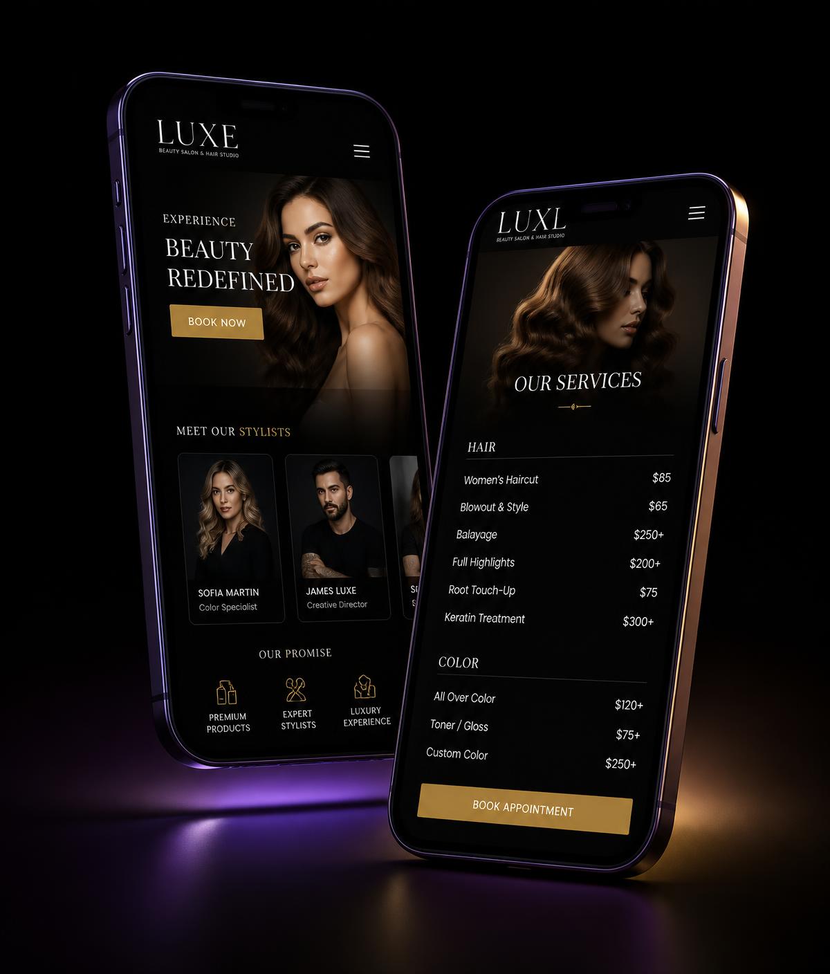 Luxe Studio — beauty salon and hair studio mobile website demo concept, designed by Customz Digital