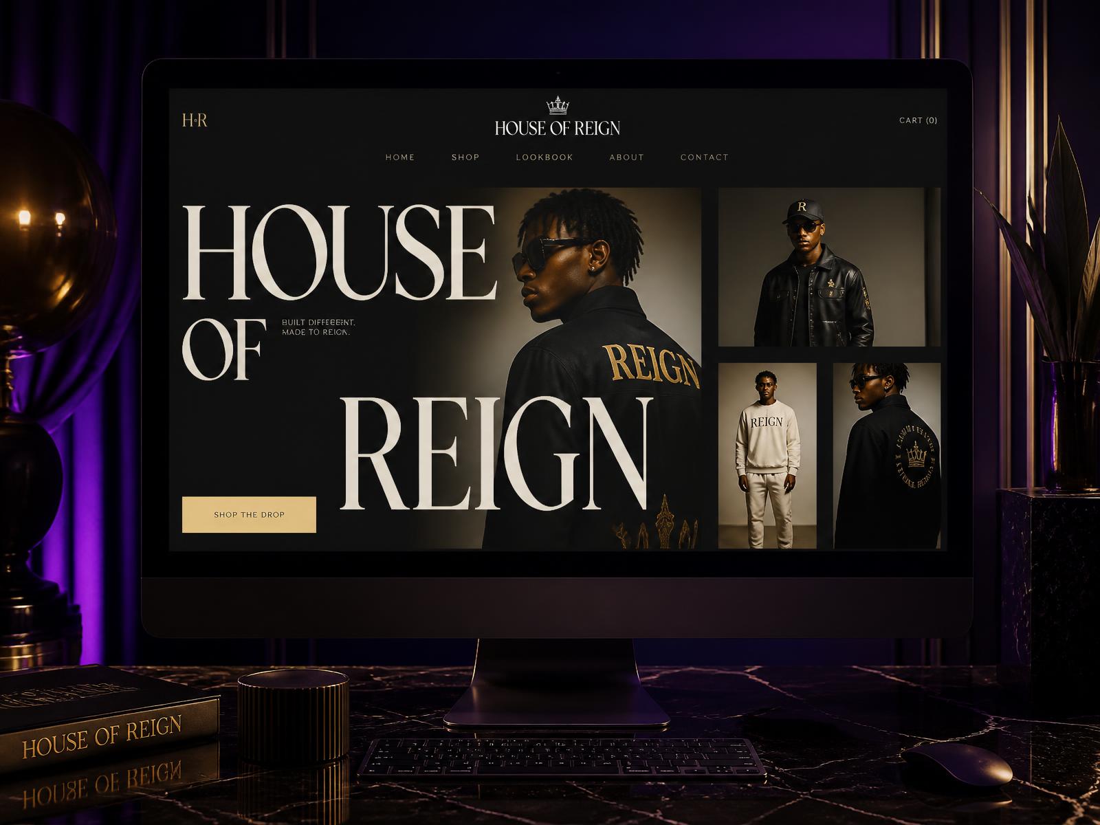 House of Reign — clothing and fashion brand website demo concept on a desktop monitor, designed by Customz Digital