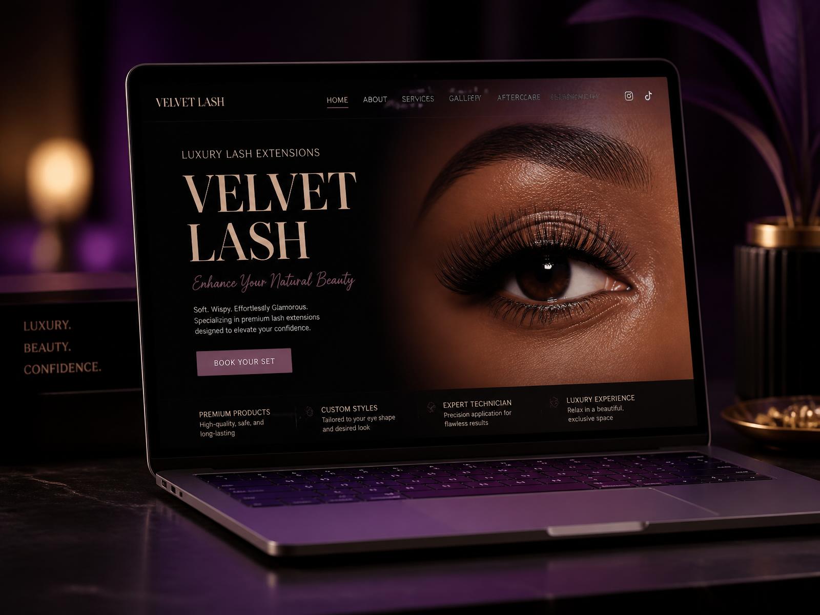 Velvet Lash — lash studio website demo concept on a laptop, designed by Customz Digital