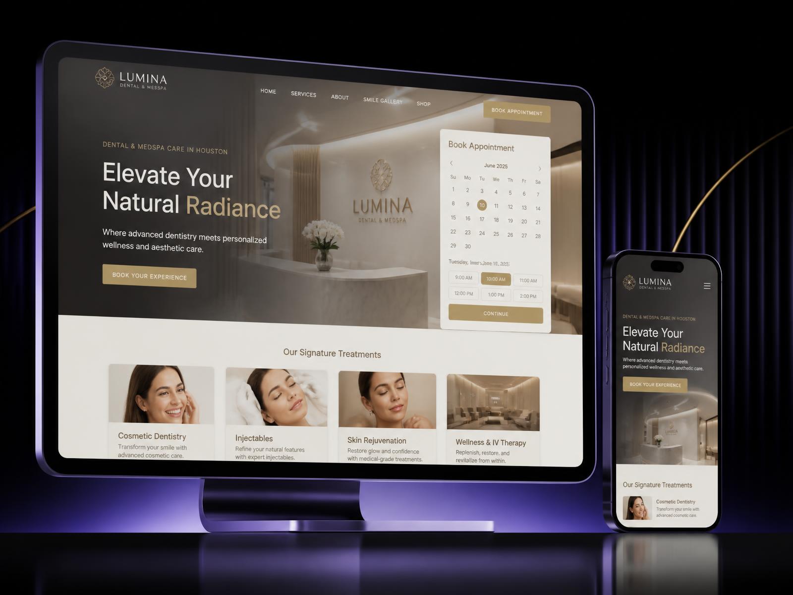 Lumina Clinic — dental and medspa website demo concept on desktop and mobile, designed by Customz Digital
