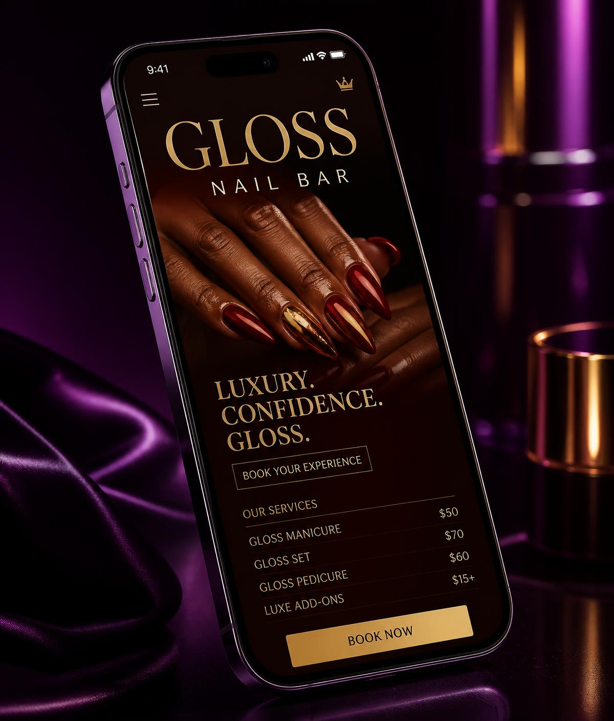 Gloss Nail Bar — nail studio mobile website demo concept on a phone, designed by Customz Digital