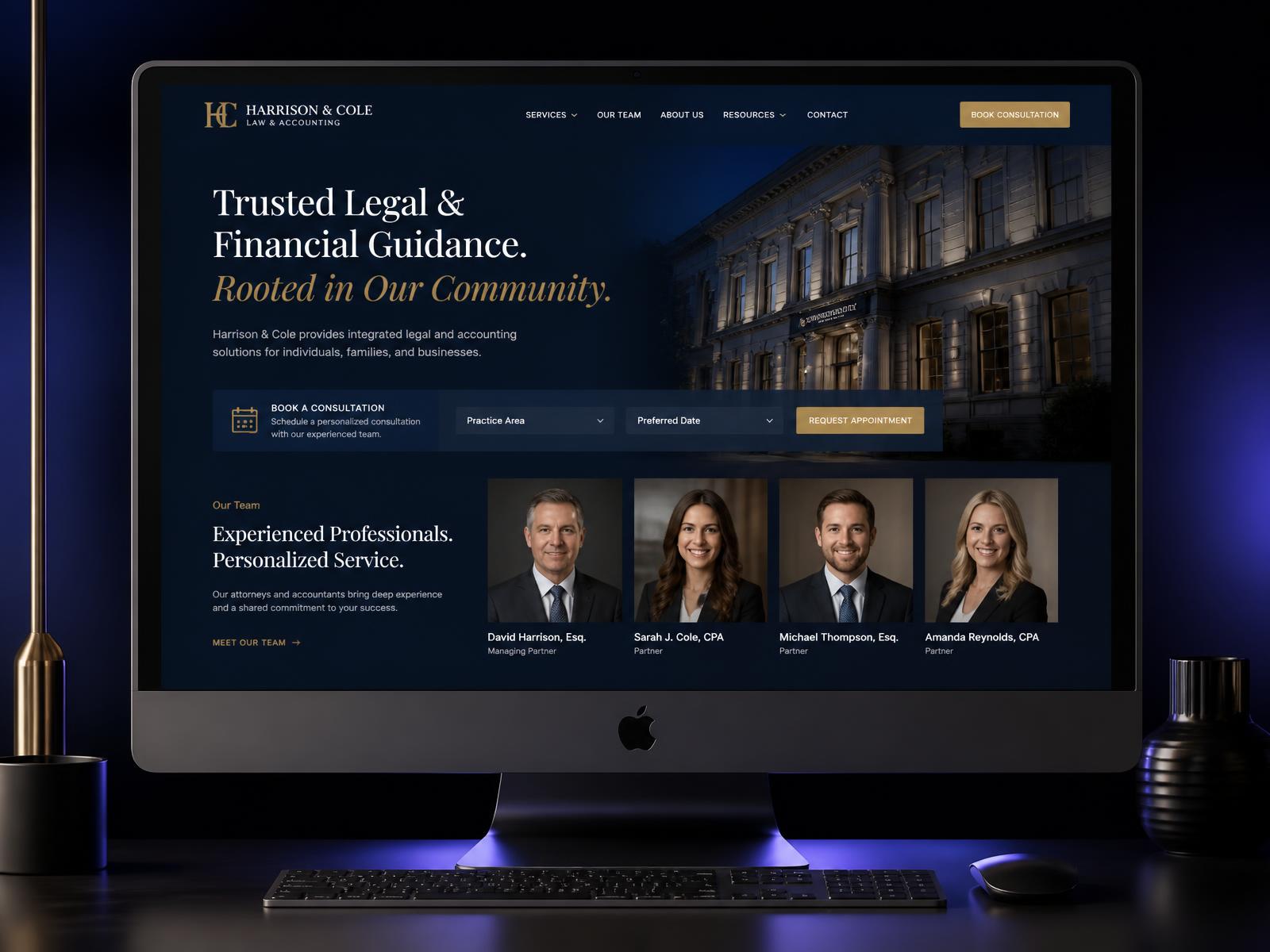 Harrison & Cole — local law and accounting firm website demo concept on a desktop screen, designed by Customz Digital