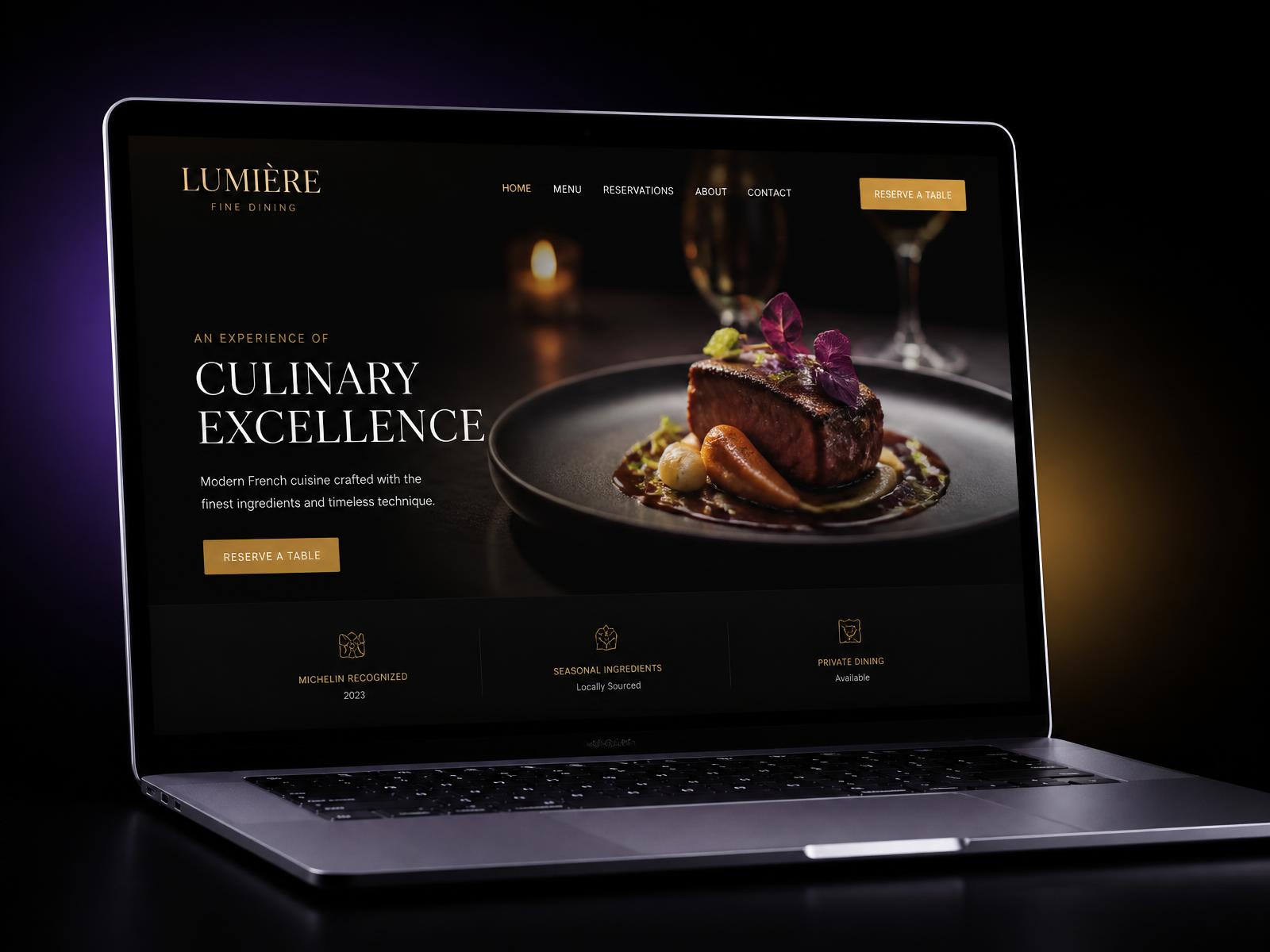 Lumière — fine-dining restaurant website demo concept shown on a laptop, designed by Customz Digital